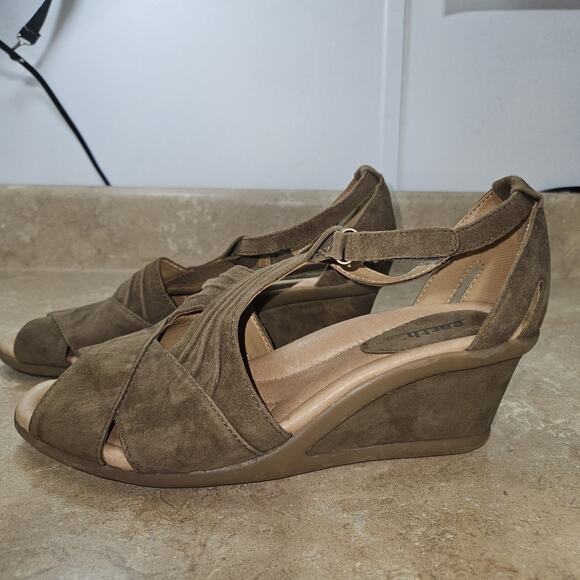 Earth Sandals Curvet SZ 10D Wide Width Dark Khaki Brown Suede Peep-toe‎ Wedge - Picture 4 of 10